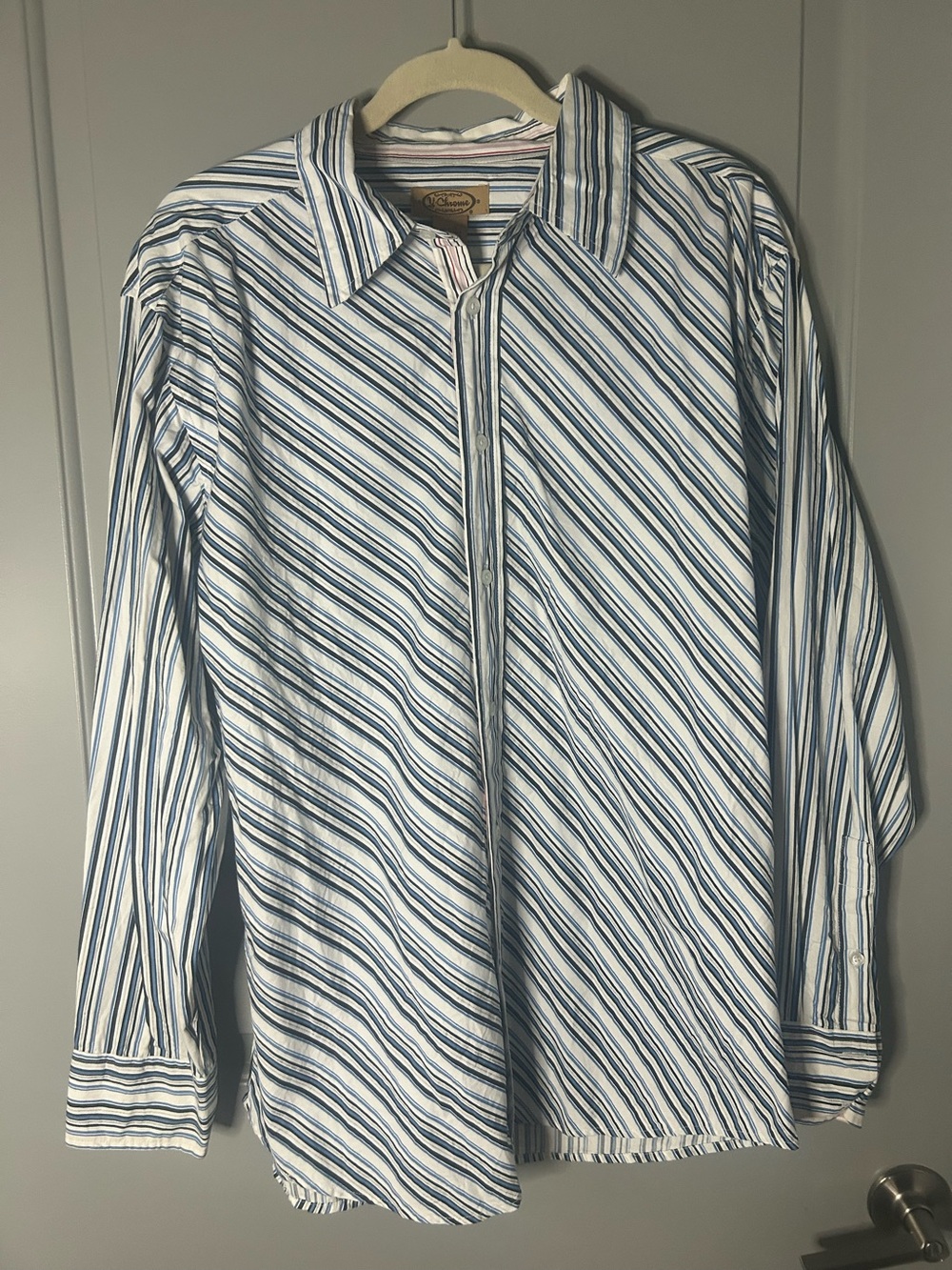 Y Chrome Y2K Men’s Striped Button-Up Shirt in White and Blue